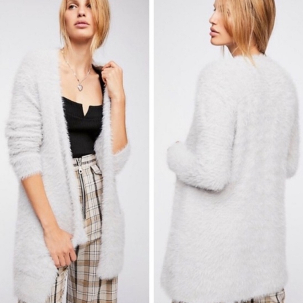 Free People Faux Fur Open Cardigan in the color Silver Cloud Size Large